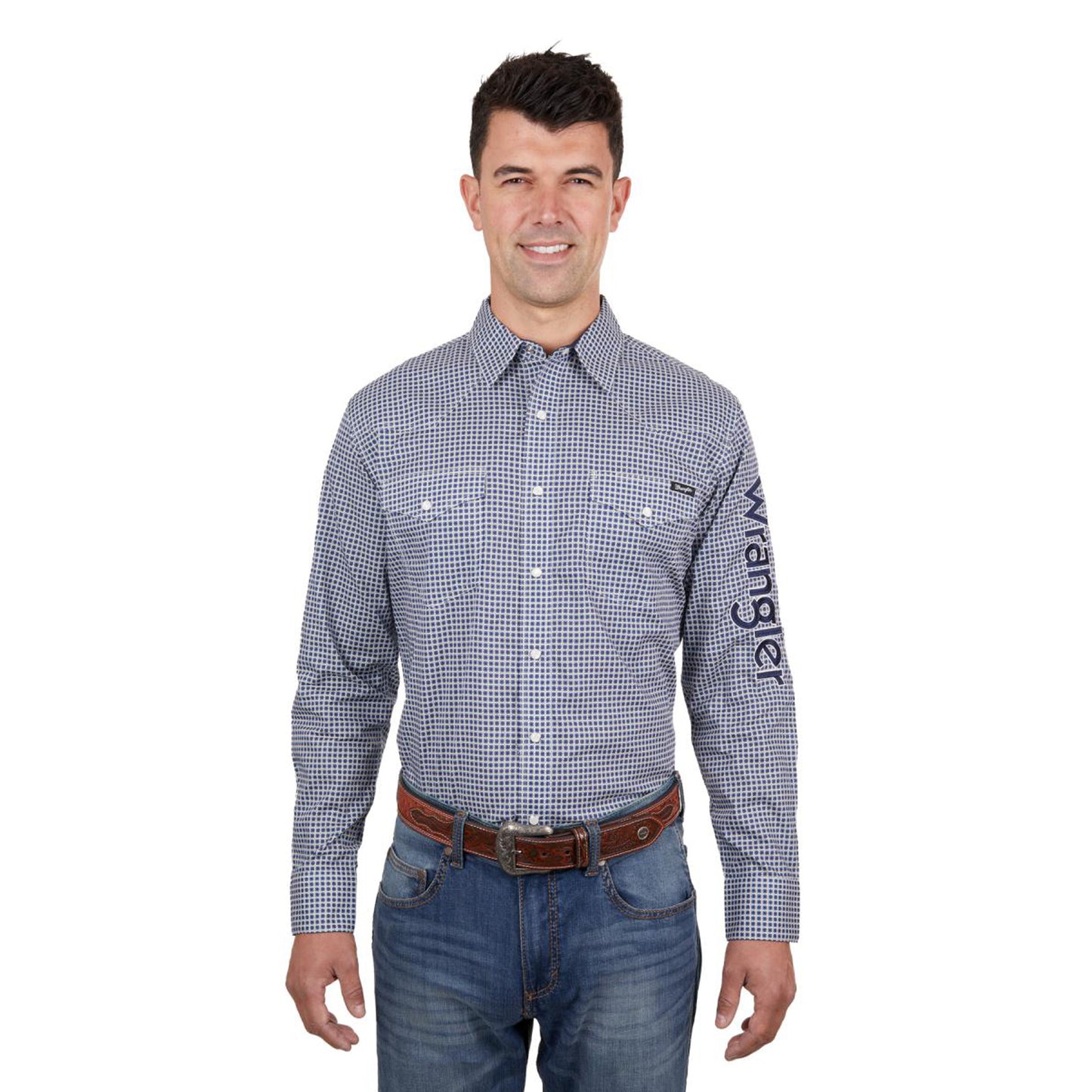 Wrangler Men's Peter Logo L/S Shirt - Navy/Tan