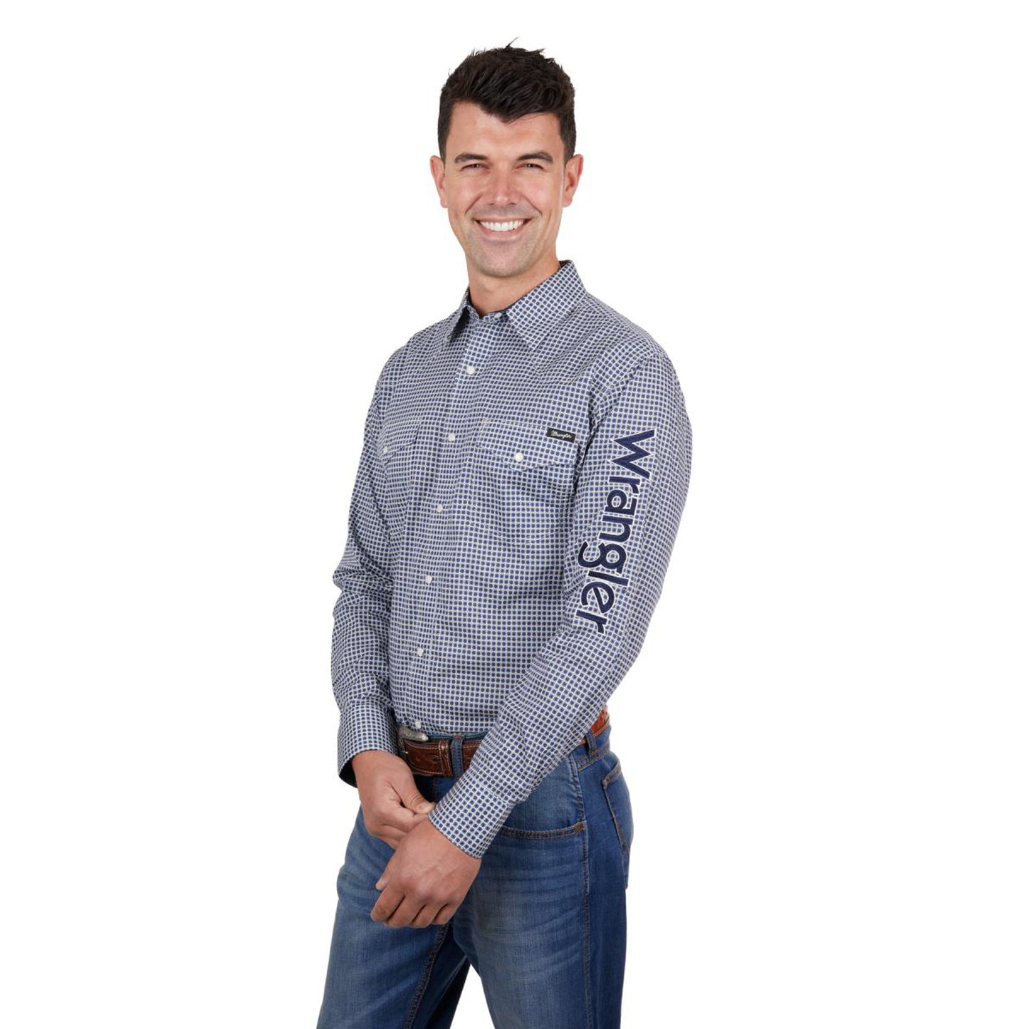 Wrangler Men's Peter Logo L/S Shirt - Navy/Tan