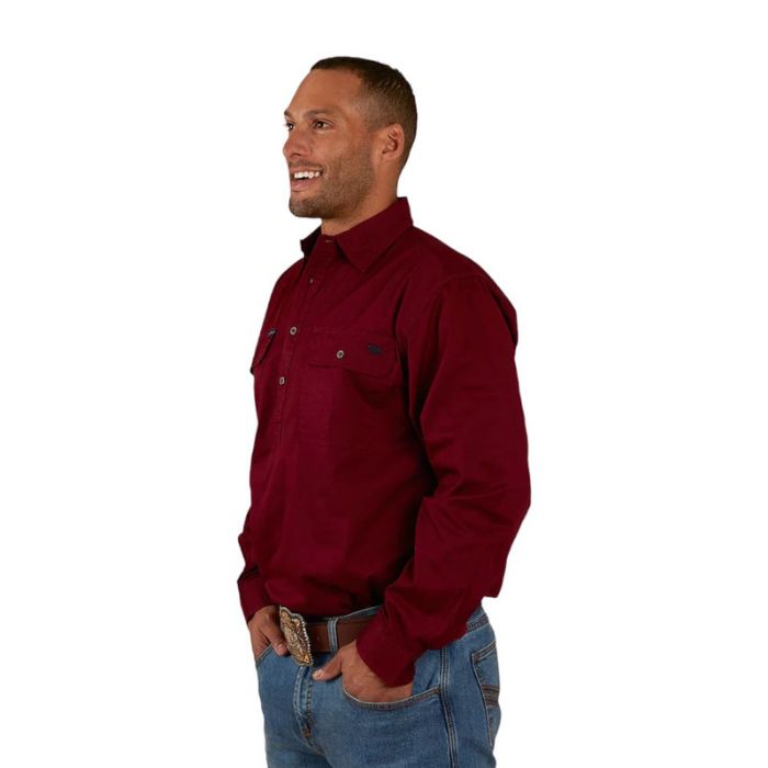 Ringers Western King River Men's Half Button Work Shirt - Burgundy