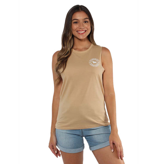 Ringers Western Signature Bull Women's Muscle Tank - Latte with White Print