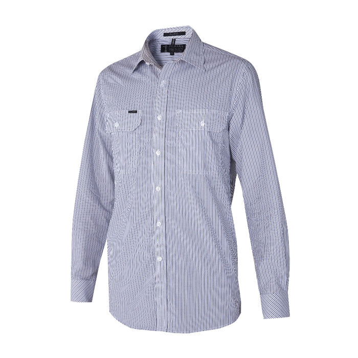 Pilbara Men's Y/D Stripe L/S Shirt - Maroon/Navy/White Stripe