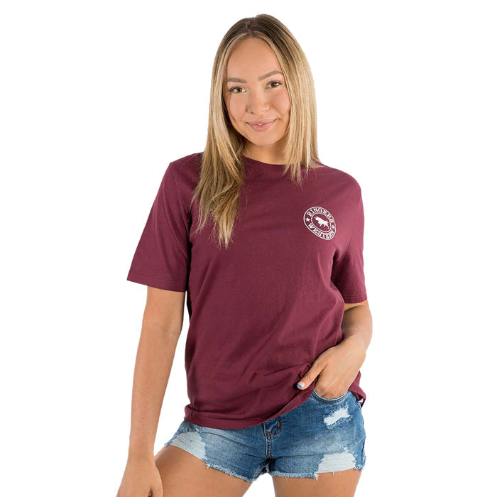 Ringers Western Signature Bull Women's Loose Fit T-Shirt - Burgundy/White