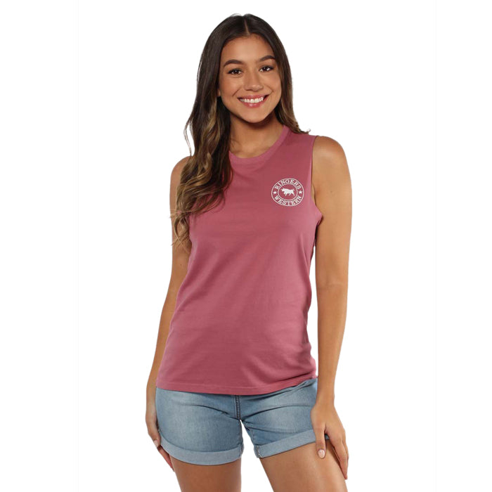 Ringers Western Signature Bull Women's Muscle Tank - Latte with White Print