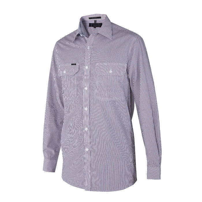 Pilbara Men's Y/D Stripe L/S Shirt - Maroon/Navy/White Stripe