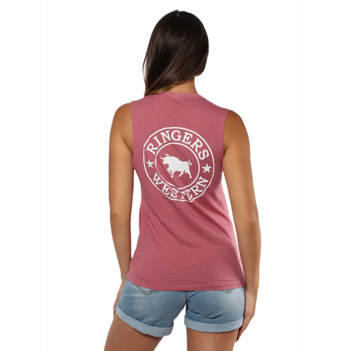 Ringers Western Signature Bull Women's Muscle Tank - Sangria with White Print