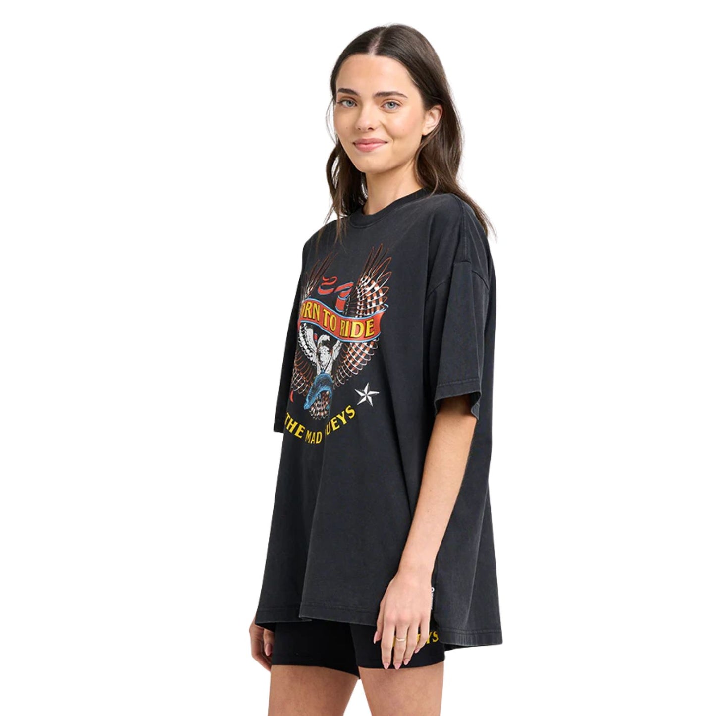 The Mad Hueys Born To Ride Women's Oversized S/S Tee - Washed Black