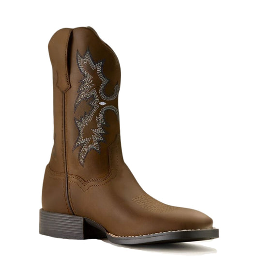 Ariat Youth Tombstone Wide Square Toe Western Boot - Distressed Brown