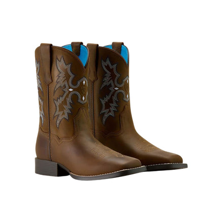 Ariat Youth Tombstone Wide Square Toe Western Boot - Distressed Brown