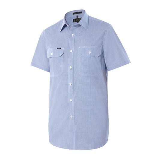 Pilbara Men's Check Dual Pocket S/S Shirt - Blue/White Mini Check