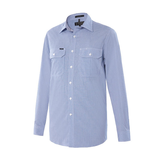 Pilbara Men's Check Dual Pocket L/S Shirt - Blue/White Mini Check