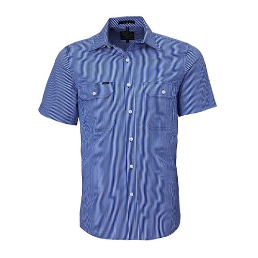 Pilbara Men's Stripe Double Pockets S/S Shirt - Royal/White