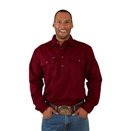 Ringers Western King River Men's Half Button Work Shirt - Burgundy