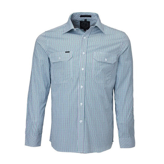 Pilbara Men's Double Pockets L/S Shirt - Emerald/Navy/White