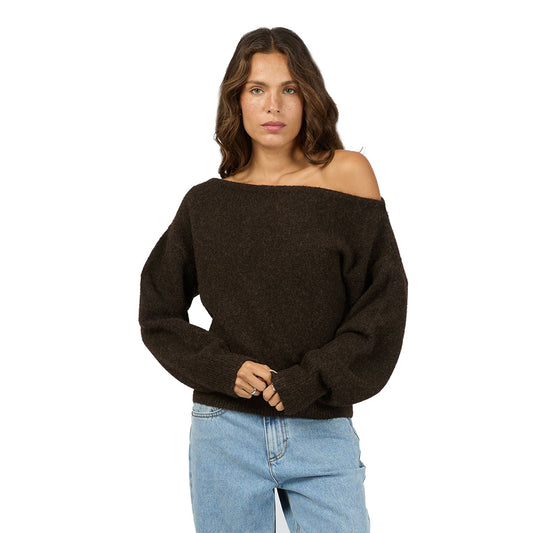 Silent Theory Off Shoulder Knit Jumper - Chocolate
