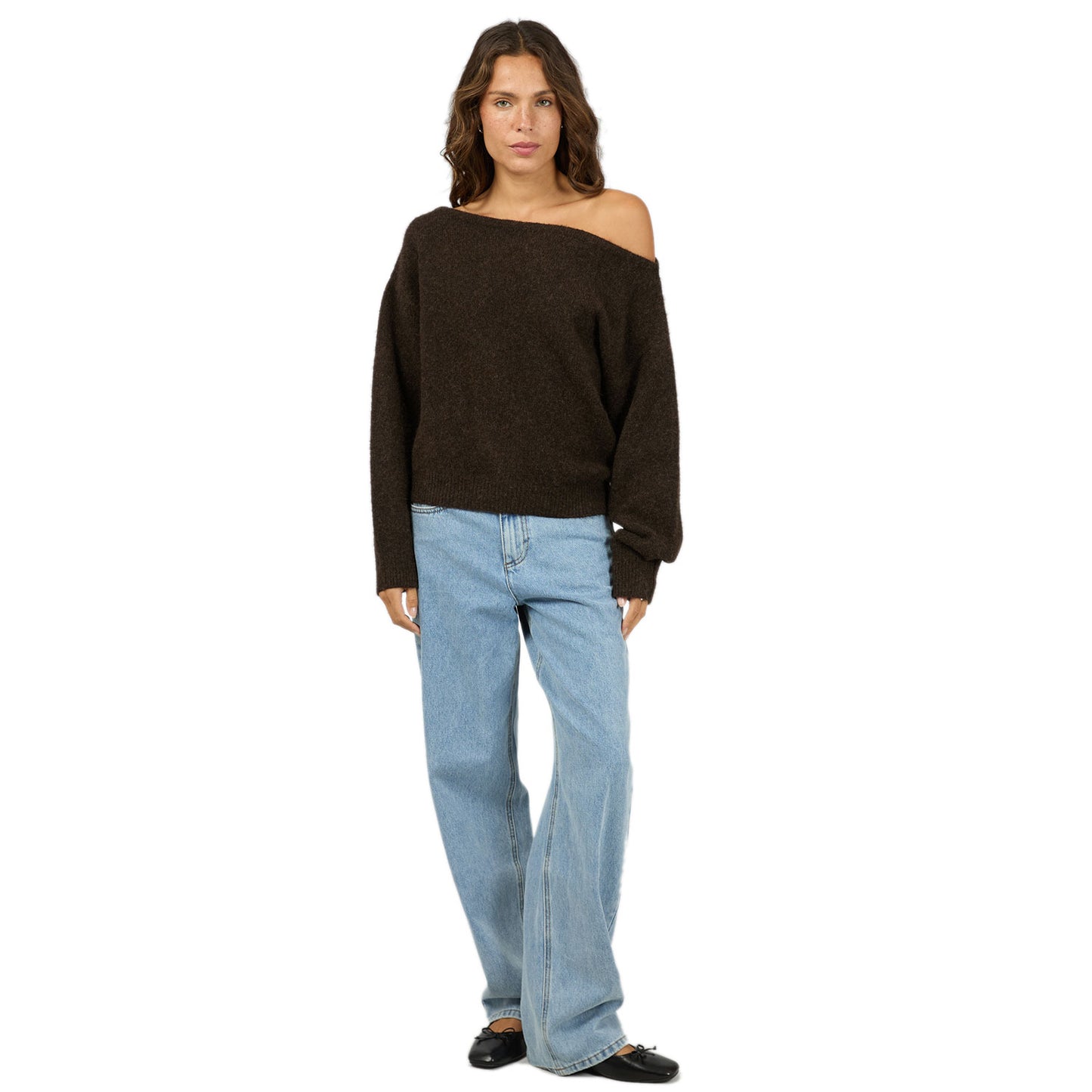 Silent Theory Off Shoulder Knit Jumper - Chocolate