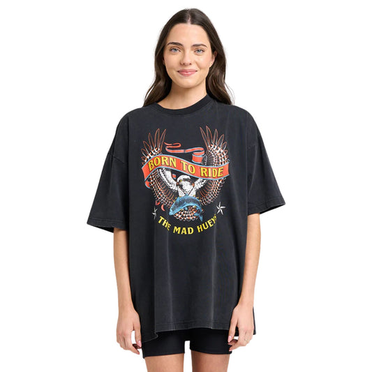 The Mad Hueys Born To Ride Women's Oversized S/S Tee - Washed Black