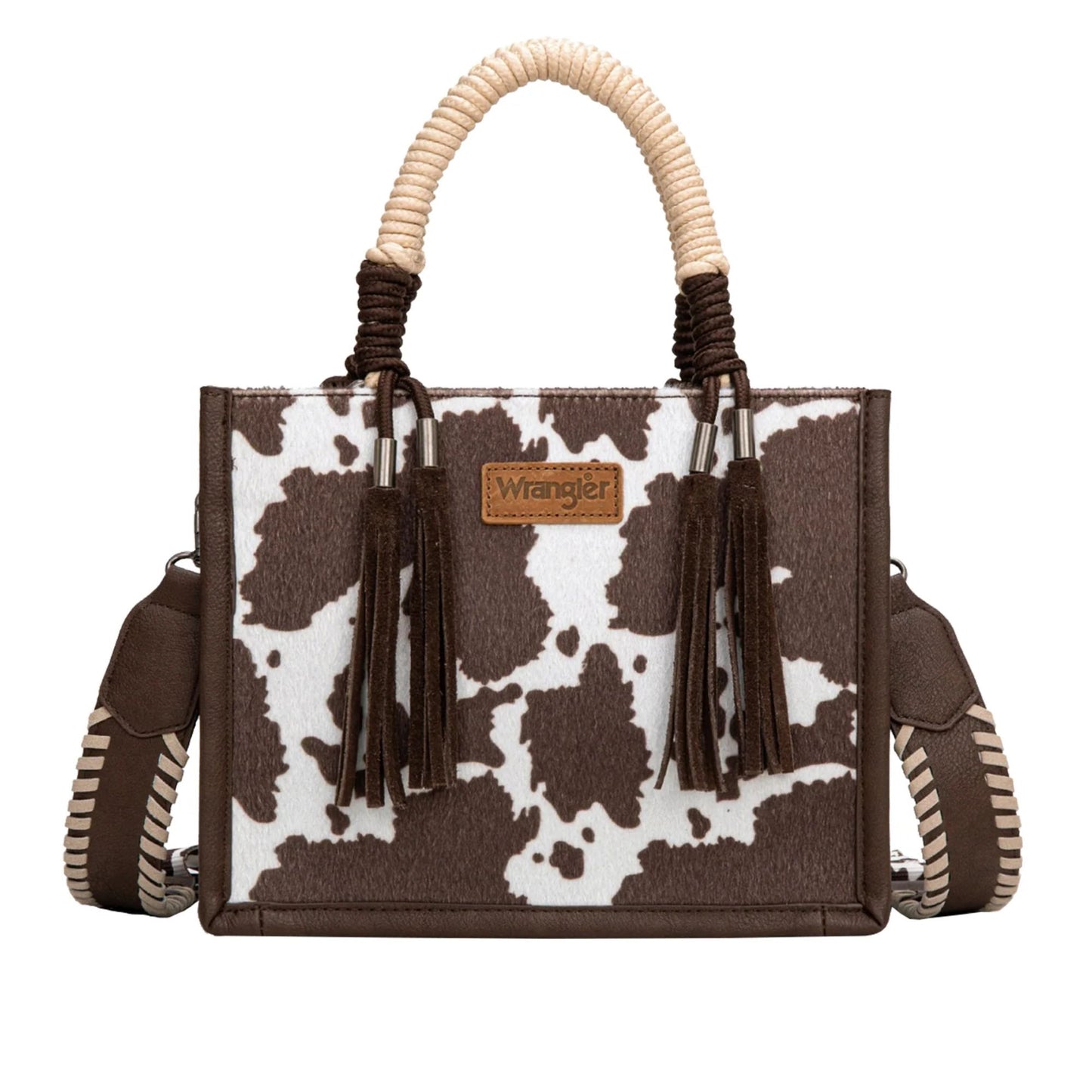 Wrangler Cow Print Tassel Crossbody Bag - Chocolate